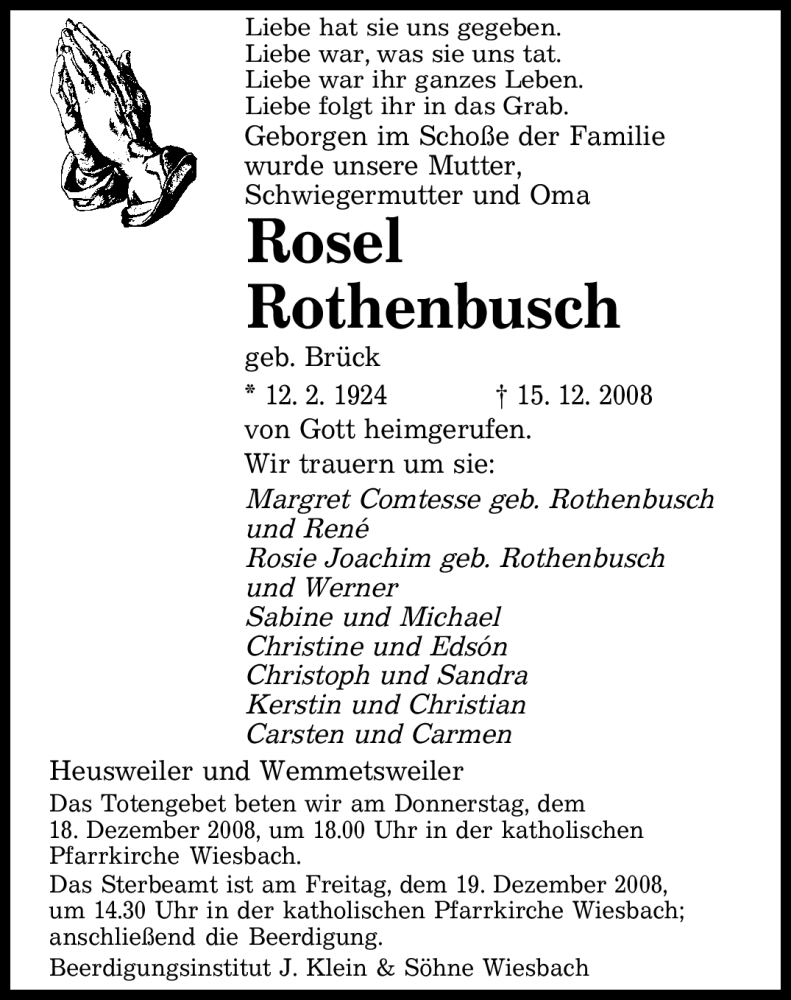  Traueranzeige für Rosel Rothenbusch vom 17.12.2008 aus SAARBRÜCKER ZEITUNG