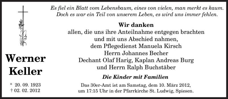  Traueranzeige für Werner Keller vom 03.03.2012 aus SAARBRÜCKER ZEITUNG