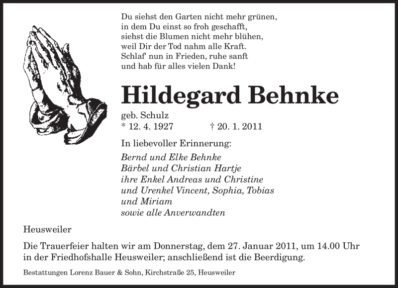  Traueranzeige für Hildegard Behnke vom 22.01.2011 aus SAARBRÜCKER ZEITUNG
