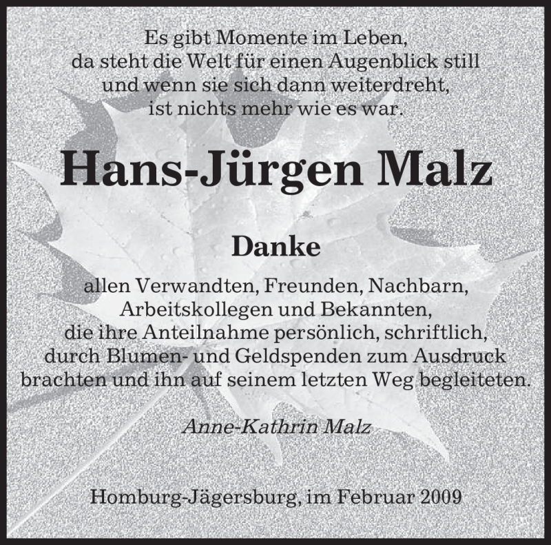  Traueranzeige für Hans-Jürgen Malz vom 17.02.2009 aus SAARBRÜCKER ZEITUNG