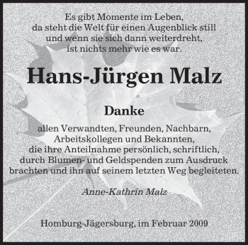 Traueranzeige von Hans-Jürgen Malz von SAARBRÜCKER ZEITUNG
