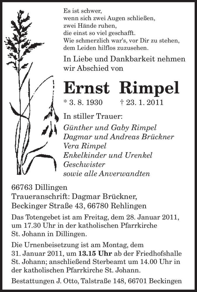 Traueranzeige für Ernst Rimpel vom 26.01.2011 aus SAARBRÜCKER ZEITUNG