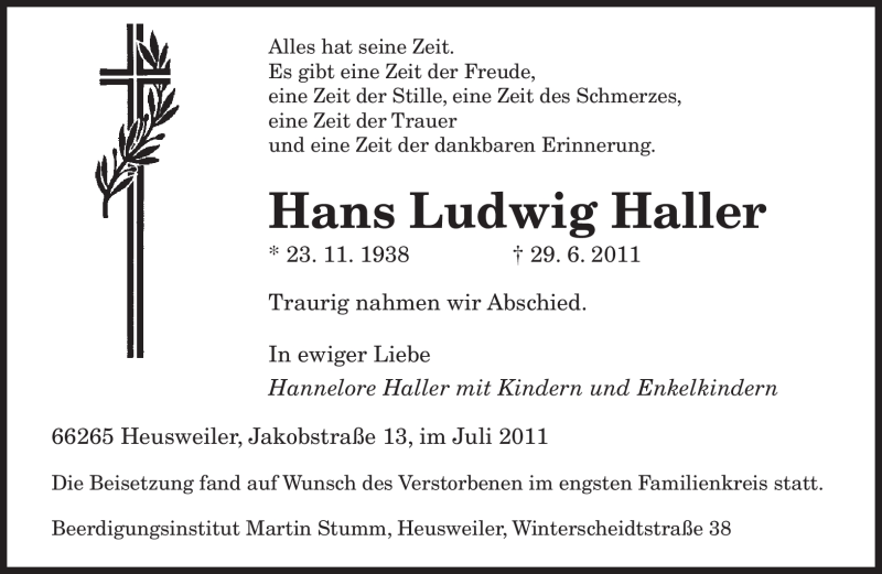  Traueranzeige für Hans Ludwig Haller vom 06.07.2011 aus SAARBRÜCKER ZEITUNG