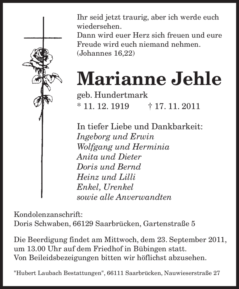  Traueranzeige für Marianne Jehle vom 19.11.2011 aus SAARBRÜCKER ZEITUNG