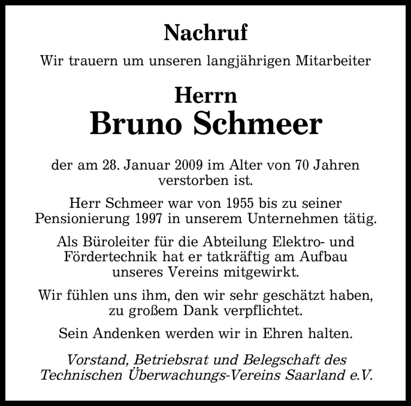  Traueranzeige für Bruno Schmeer vom 30.01.2009 aus SAARBRÜCKER ZEITUNG