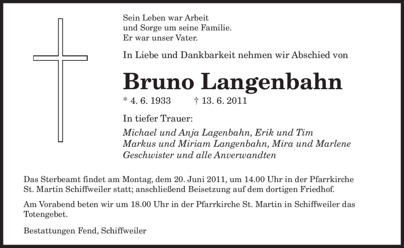  Traueranzeige für Bruno Langenbahn vom 18.06.2011 aus SAARBRÜCKER ZEITUNG