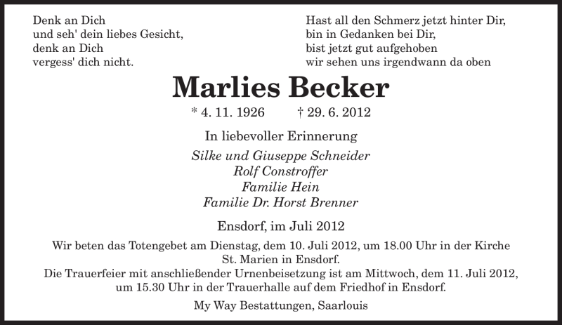  Traueranzeige für Marlies Becker vom 07.07.2012 aus SAARBRÜCKER ZEITUNG