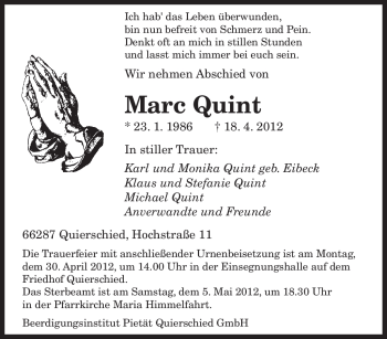 Traueranzeige von Marc Quint von SAARBRÜCKER ZEITUNG