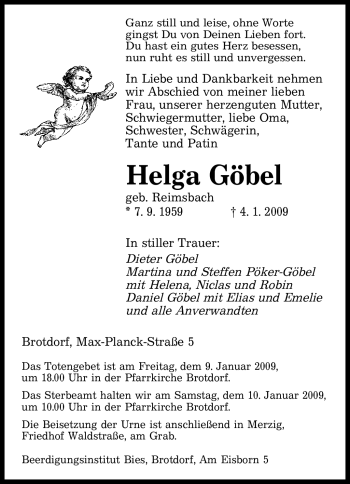 Traueranzeige von Helga Göbel von SAARBRÜCKER ZEITUNG