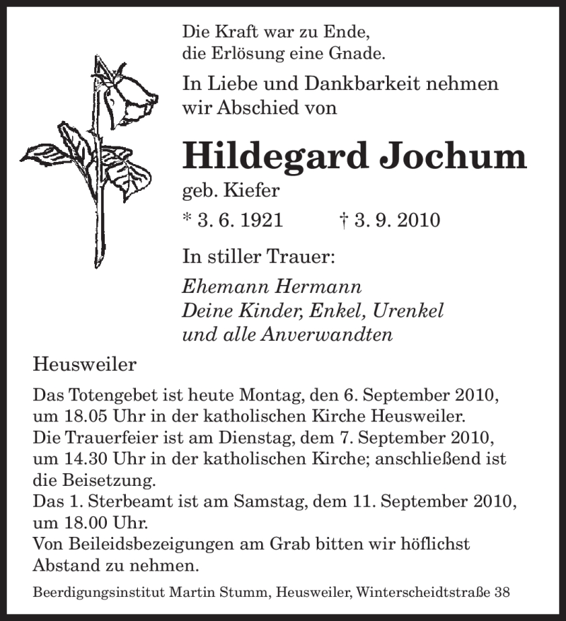  Traueranzeige für Hildegard Jochum vom 06.09.2010 aus SAARBRÜCKER ZEITUNG
