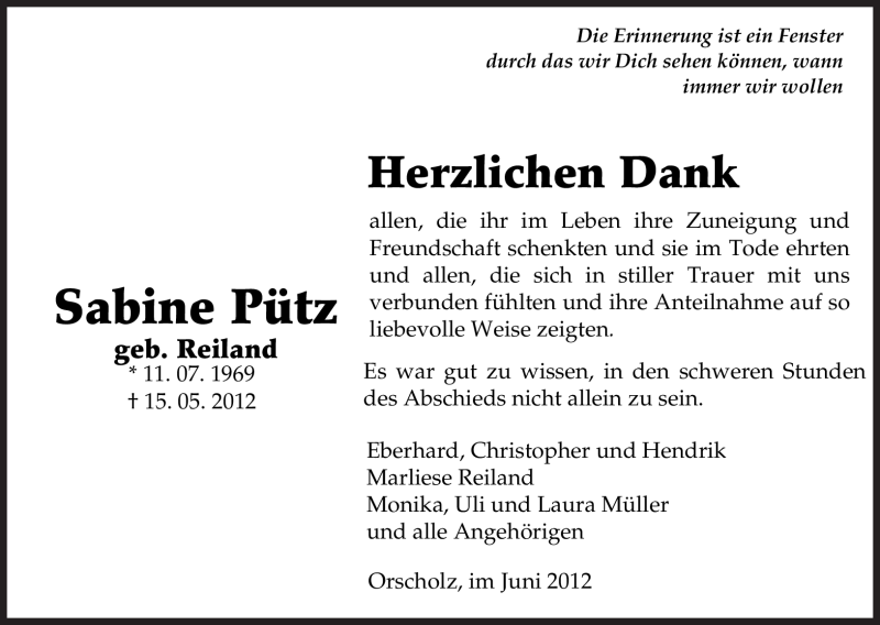  Traueranzeige für Sabine Pütz vom 16.06.2012 aus SAARBRÜCKER ZEITUNG
