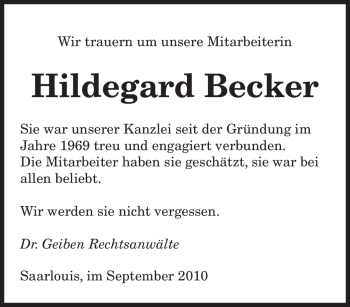 Traueranzeige von Hildegard Becker von SAARBRÜCKER ZEITUNG