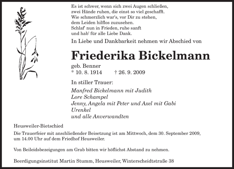  Traueranzeige für Friederika Bickelmann vom 28.09.2009 aus SAARBRÜCKER ZEITUNG