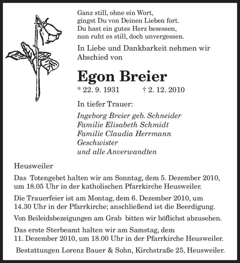  Traueranzeige für Egon Breier vom 04.12.2010 aus SAARBRÜCKER ZEITUNG