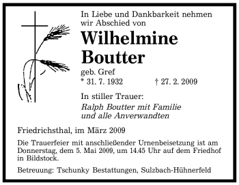 Traueranzeige von Wilhelmine Boutter von SAARBRÜCKER ZEITUNG