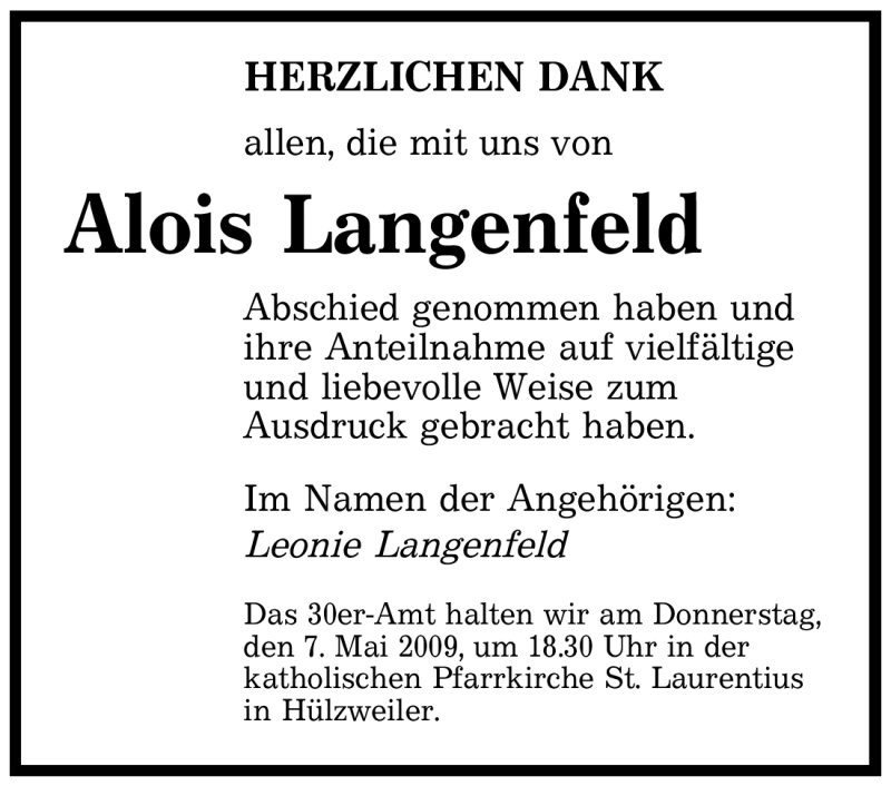  Traueranzeige für Alois Langenfeld vom 29.04.2009 aus SAARBRÜCKER ZEITUNG