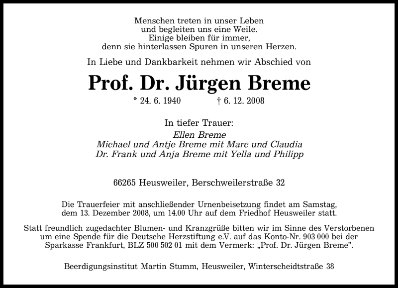  Traueranzeige für Jürgen Breme vom 10.12.2008 aus SAARBRÜCKER ZEITUNG