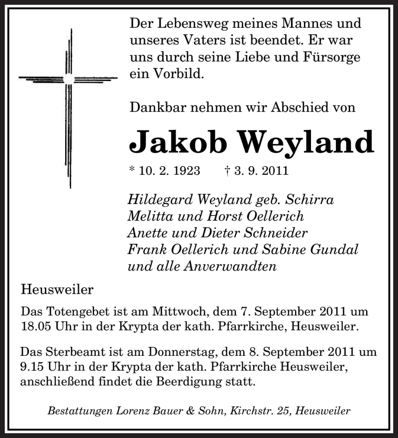  Traueranzeige für Jakob Weyland vom 05.09.2011 aus SAARBRÜCKER ZEITUNG