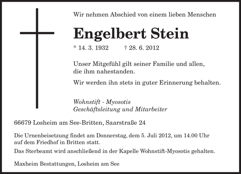  Traueranzeige für Engelbert Stein vom 02.07.2012 aus SAARBRÜCKER ZEITUNG