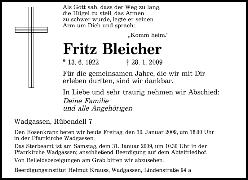  Traueranzeige für Fritz Bleicher vom 30.01.2009 aus SAARBRÜCKER ZEITUNG