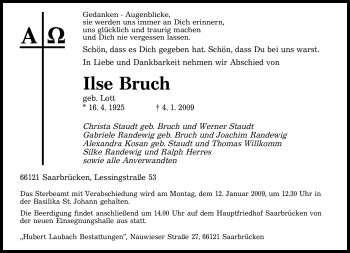 Traueranzeige von Ilse Bruch von SAARBRÜCKER ZEITUNG