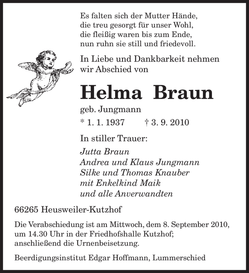  Traueranzeige für Helma Braun vom 06.09.2010 aus SAARBRÜCKER ZEITUNG