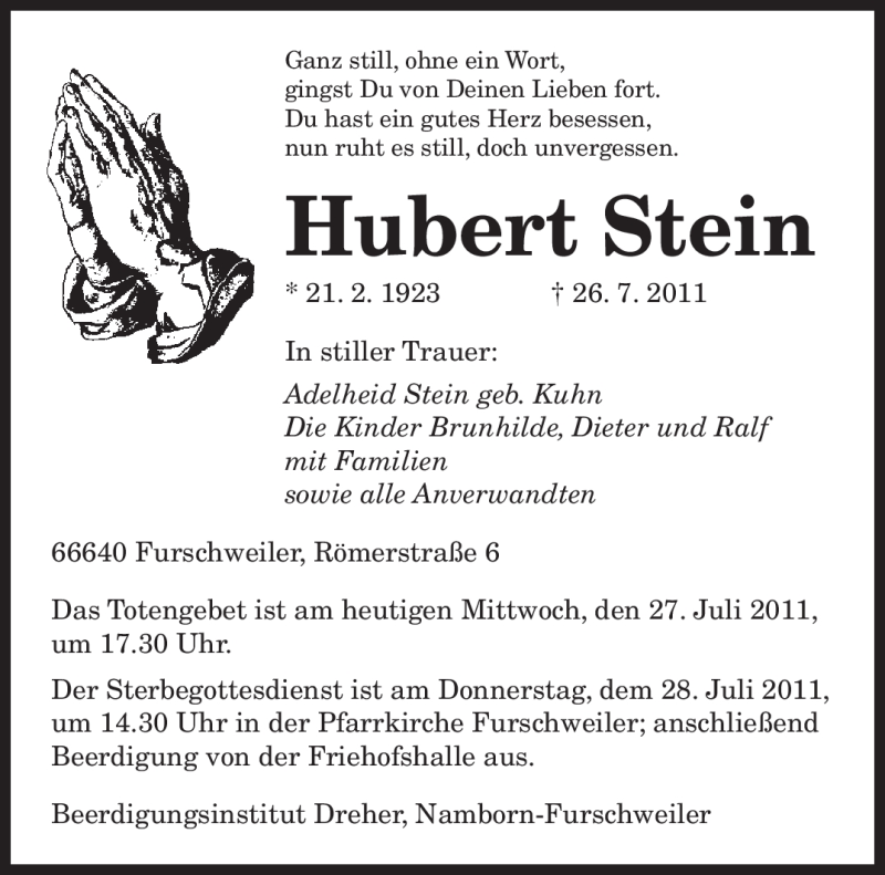  Traueranzeige für Hubert Stein vom 27.07.2011 aus SAARBRÜCKER ZEITUNG