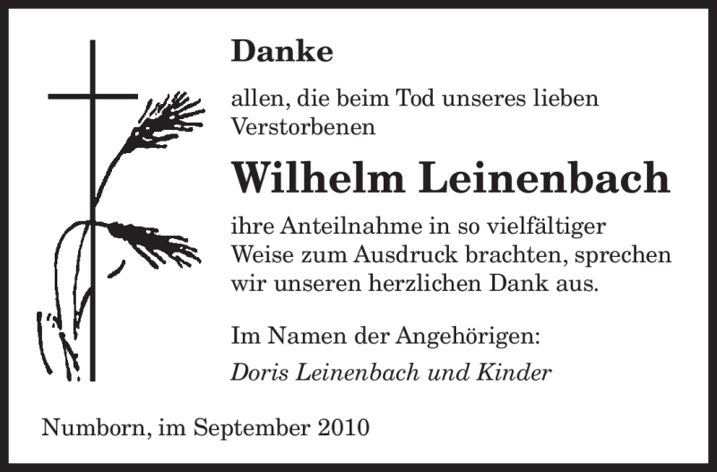  Traueranzeige für Wilhelm Leinenbach vom 29.09.2010 aus SAARBRÜCKER ZEITUNG