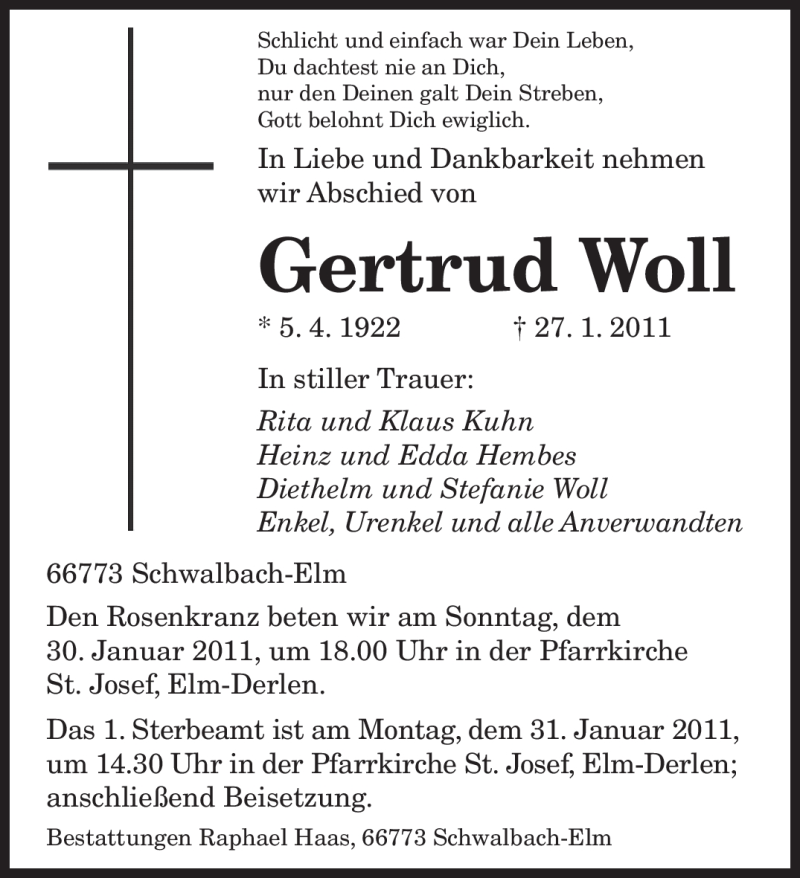  Traueranzeige für Gertrud Woll vom 29.01.2011 aus SAARBRÜCKER ZEITUNG