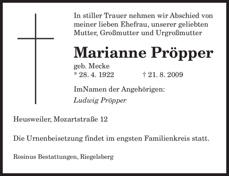  Traueranzeige für Marianne Pröpper vom 27.08.2009 aus SAARBRÜCKER ZEITUNG