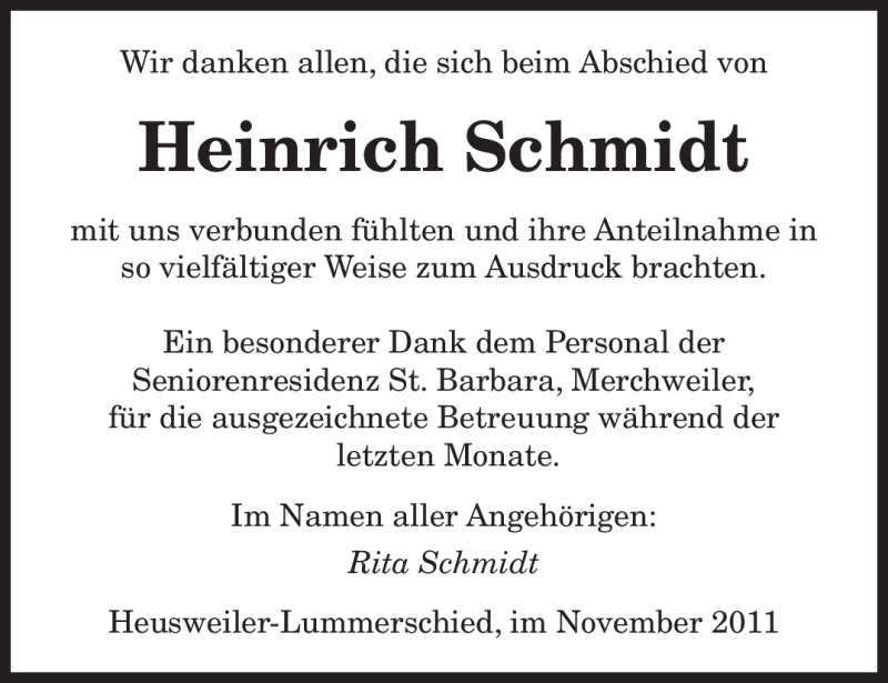  Traueranzeige für Heinrich Schmidt vom 03.12.2011 aus SAARBRÜCKER ZEITUNG