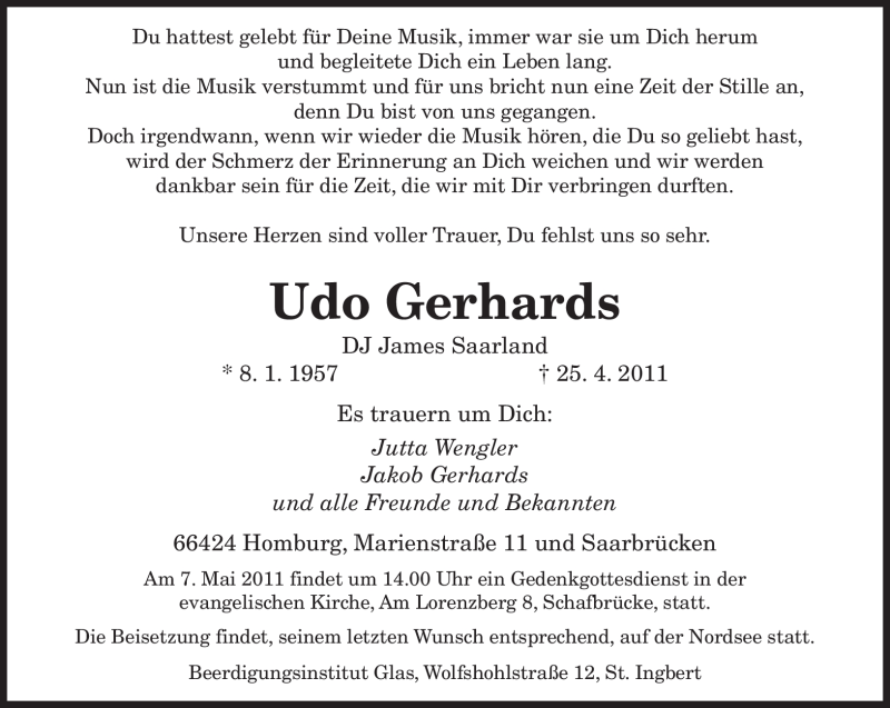  Traueranzeige für Udo Gerhards vom 30.04.2011 aus SAARBRÜCKER ZEITUNG