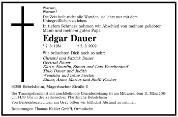 Traueranzeige von Edgar Dauer von SAARBRÜCKER ZEITUNG