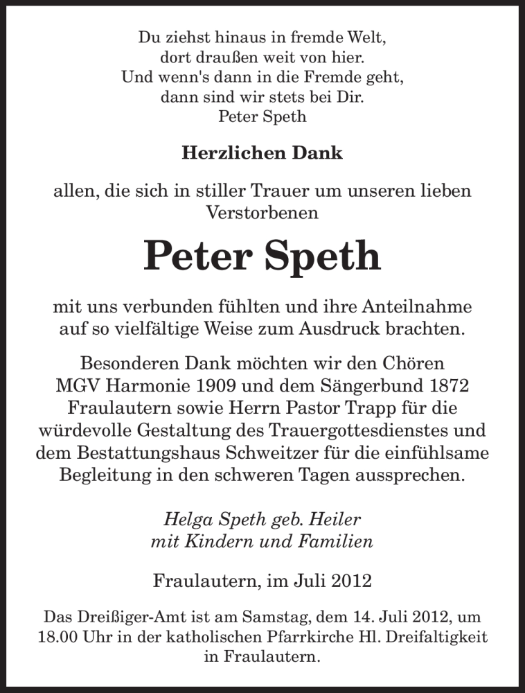  Traueranzeige für Peter Speth vom 07.07.2012 aus SAARBRÜCKER ZEITUNG