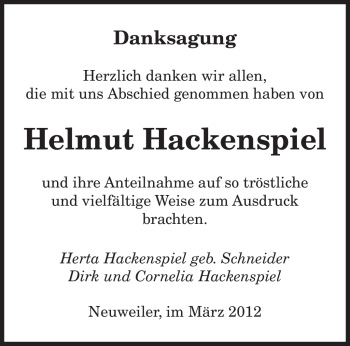Traueranzeige von Helmut Hackenspiel von SAARBRÜCKER ZEITUNG