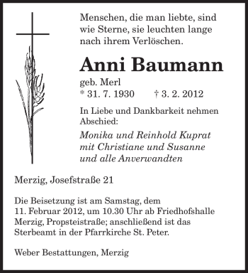 Traueranzeige von Anni Baumann von SAARBRÜCKER ZEITUNG
