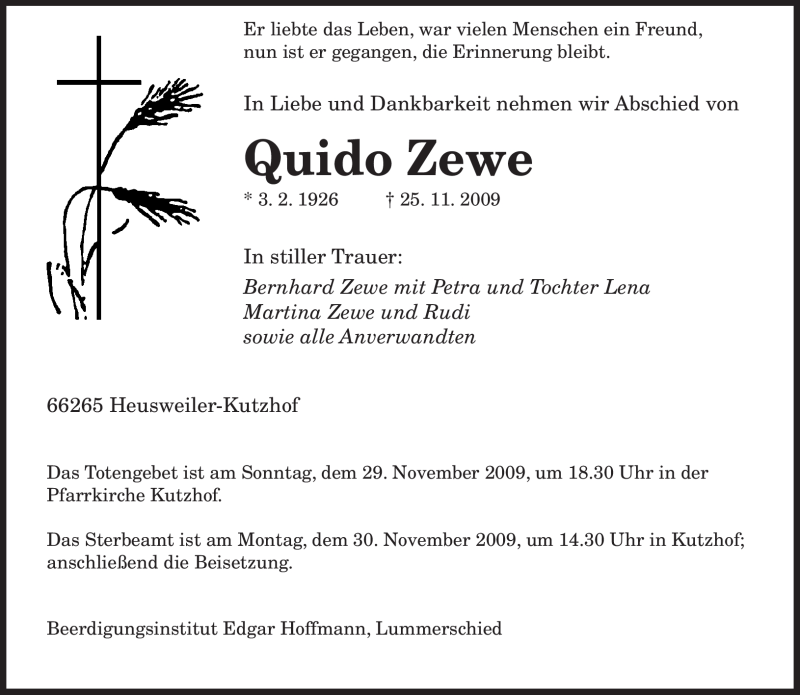  Traueranzeige für Quido Zewe vom 27.11.2009 aus SAARBRÜCKER ZEITUNG
