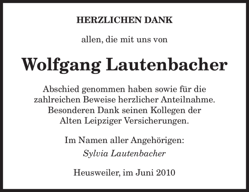  Traueranzeige für Wolfgang Lautenbacher vom 05.06.2010 aus SAARBRÜCKER ZEITUNG