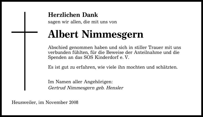  Traueranzeige für Albert Nimmesgern vom 29.11.2008 aus SAARBRÜCKER ZEITUNG