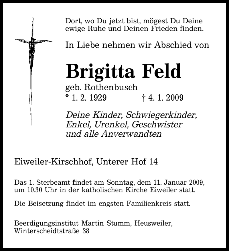  Traueranzeige für Brigitta Feld vom 06.01.2009 aus SAARBRÜCKER ZEITUNG