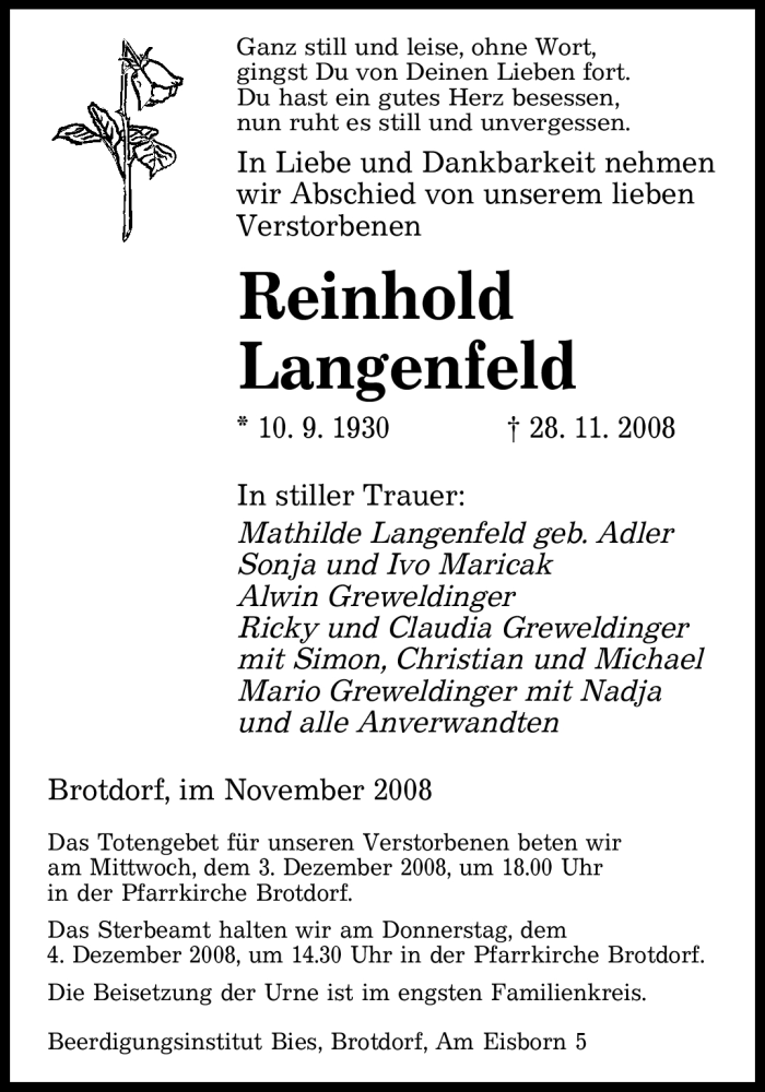  Traueranzeige für Reinhold Langenfeld vom 01.12.2008 aus SAARBRÜCKER ZEITUNG