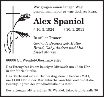 Traueranzeige von Alex Spaniol von SAARBRÜCKER ZEITUNG