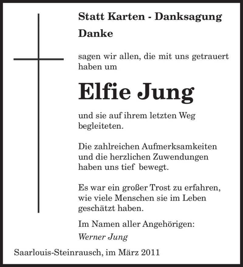  Traueranzeige für Elfie Jung vom 26.03.2011 aus SAARBRÜCKER ZEITUNG