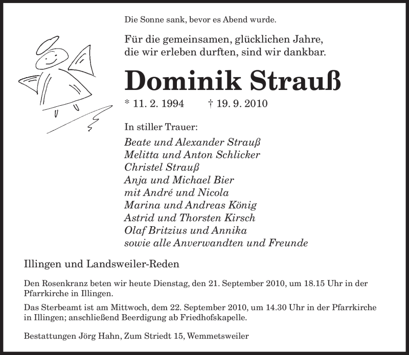  Traueranzeige für Dominik Strauß vom 21.09.2010 aus SAARBRÜCKER ZEITUNG