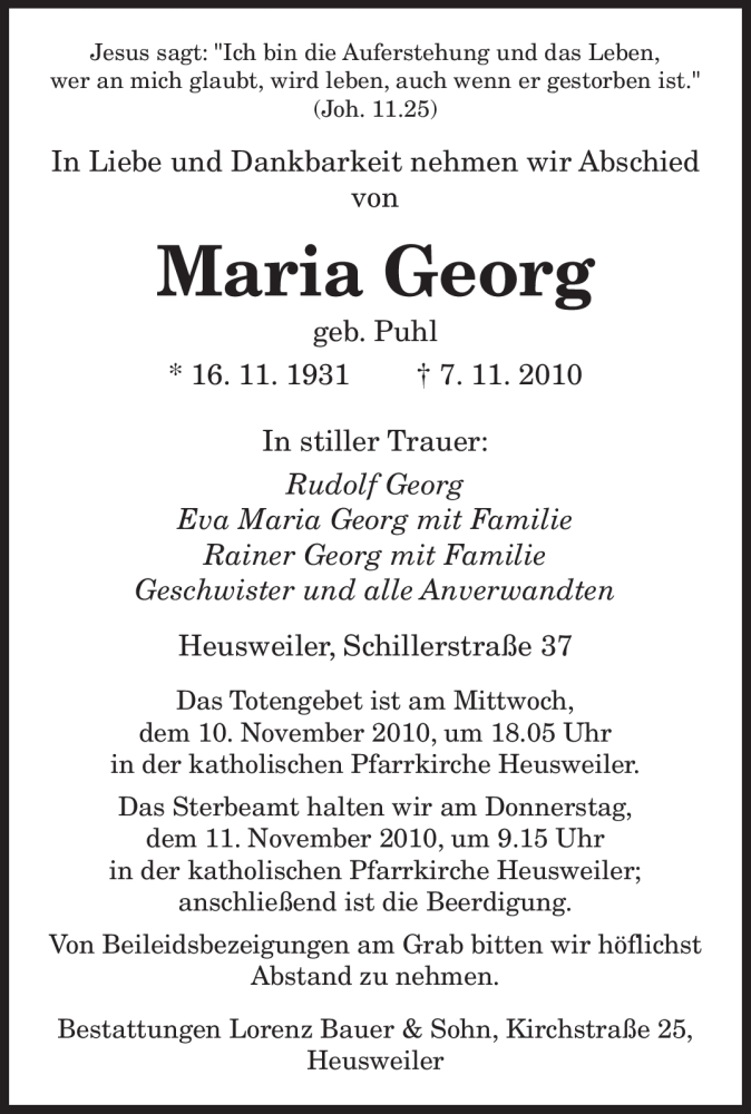  Traueranzeige für Maria Georg vom 09.11.2010 aus SAARBRÜCKER ZEITUNG
