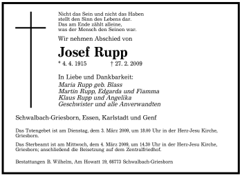 Traueranzeige von Josef Rupp von SAARBRÜCKER ZEITUNG