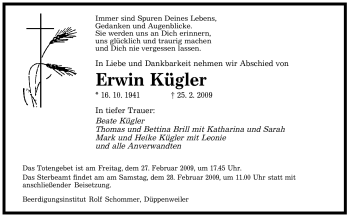 Traueranzeige von Erwin Kügler von SAARBRÜCKER ZEITUNG