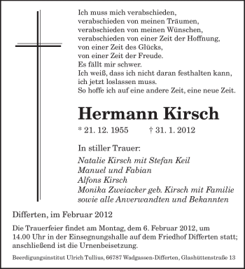Traueranzeige von Hermann Kirsch von SAARBRÜCKER ZEITUNG