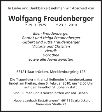 Traueranzeige von Wolfgang Freudenberger von SAARBRÜCKER ZEITUNG