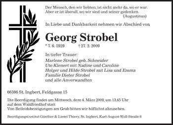 Traueranzeige von Georg Strobel von SAARBRÜCKER ZEITUNG